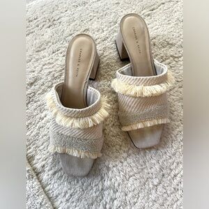 Charles & Keith Woven Mixed Media Slides Mules White Cream Fringe Linen Heels